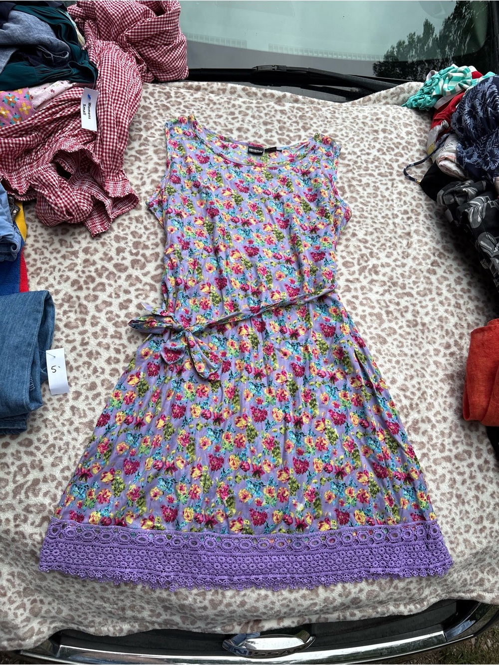 Vintage Ananda Size Medium Lavender Floral Tie Waist Sundress with Crochet Hem